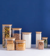 Pote de Vidro Flat com Tampa de Bambu Quadrado Mantimento 600ml - Ela Decora